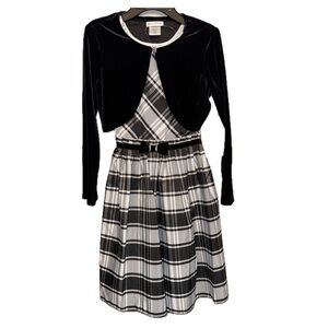 NWT JonaMichelle Black and White Pleated A-Line Dress With Black Velvet Cardigan